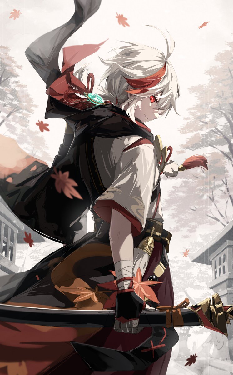1boy anemo_symbol_(genshin_impact) antenna_hair arms_at_sides autumn_leaves bandaged_arm bandaged_hand bandages falling_leaves fingerless_gloves floating_hair from_side genshin_impact gloves highres holding holding_sheath holding_sword holding_weapon itsumono_katze japanese_clothes kaedehara_kazuha katana leaf light_smile long_hair looking_at_viewer low_ponytail making-of_available male_focus multicolored_hair outdoors parted_lips ponytail red_hair scabbard sheath sheathed sideways_glance solo sword two-tone_hair vision_(genshin_impact) weapon wind
