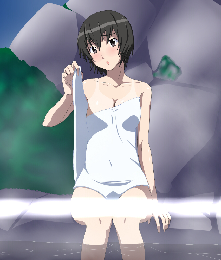 :o amagami arm_support bare_shoulders black_eyes black_hair blush breasts censored cleavage convenient_censoring head_tilt knees_together_feet_apart looking_at_viewer medium_breasts naked_towel nanasaki_ai one-piece_tan open_mouth outdoors ribonzu short_hair sitting soaking_feet solo steam steam_censor tan tanline towel water
