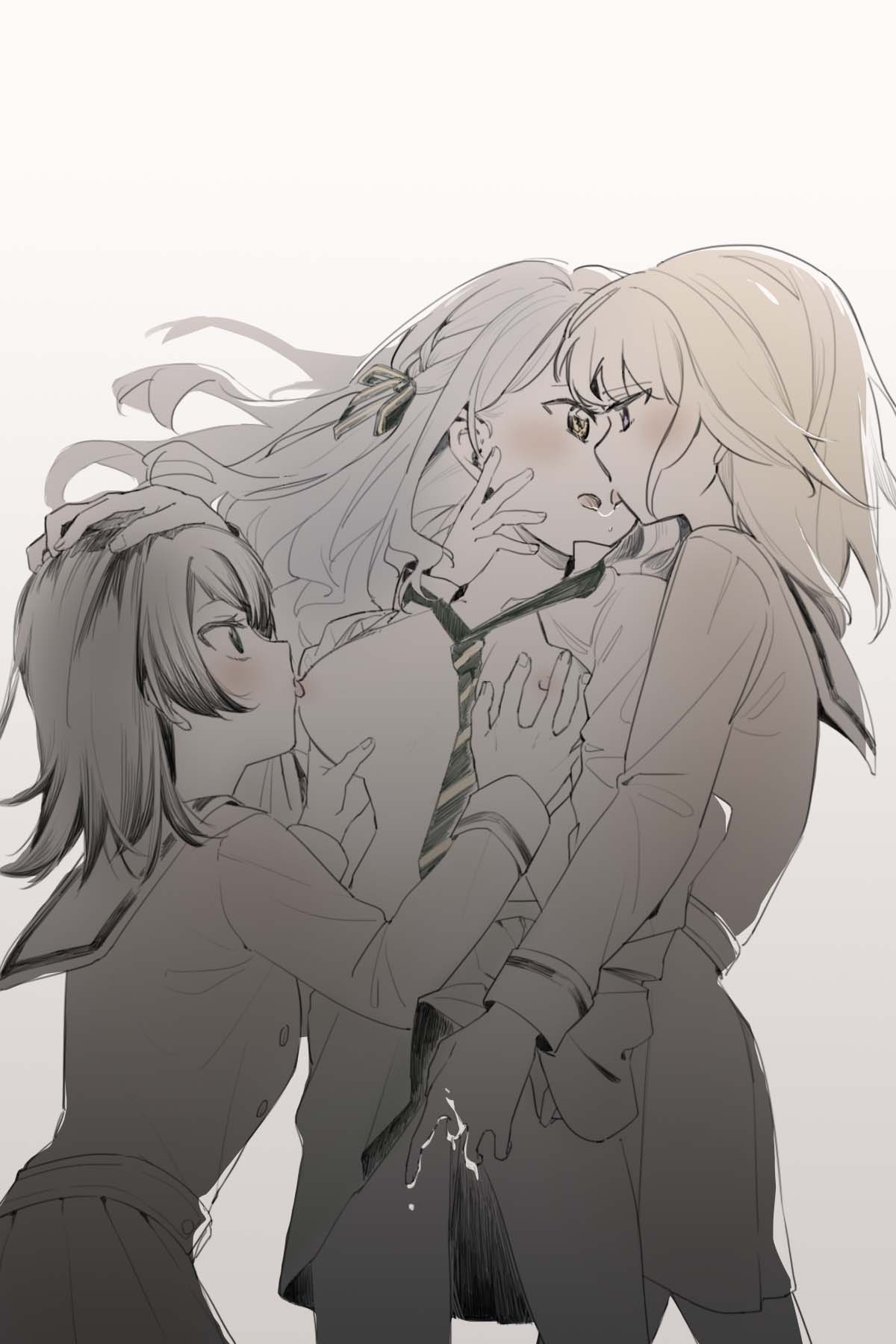 3girls after_kiss bang_dream! bang_dream!_it's_mygo!!!!! black_hair blonde_hair blue_hair blush breasts chinese_commentary clothes_lift commentary_request eye_contact fff_threesome fingering grabbing grabbing_another's_breast group_sex hair_ribbon hanasakigawa_school_uniform hand_on_another's_head haneoka_school_uniform highres licking licking_nipple limited_palette linqihang999 long_hair long_sleeves looking_at_another medium_breasts medium_hair misumi_uika multiple_girls necktie nipple_stimulation nipples open_clothes open_shirt pussy_juice_on_fingers ribbon sailor_collar saliva saliva_trail school_uniform skirt skirt_lift threesome togawa_sakiko yahata_umiri yuri