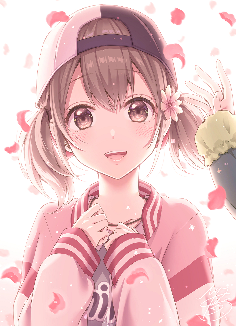1girl azusawa_kohane backwards_hat brown_eyes brown_hair character_request flower hair_flower hair_ornament hat hinata_mizuiro jacket long_sleeves looking_at_viewer low_twintails open_mouth out_of_frame petals project_sekai smile solo_focus twintails upper_body