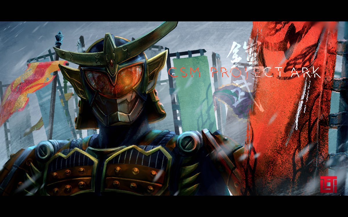 1boy armor flag food fruit helmet kamen_rider kamen_rider_gaim kamen_rider_gaim_(series) kozsen_810290 looking_at_viewer male_focus orange_(fruit) orange_arms rain samurai solo_focus tokusatsu visor_(armor)