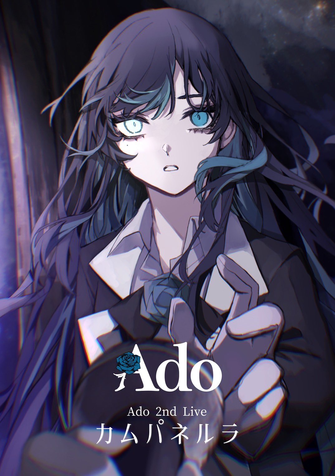 1girl ado_(utaite) artist_name_(singer) black_bow black_bowtie black_jacket blue_eyes blue_flower blue_hair blue_rose blurry blurry_foreground bow bowtie chando_(ado) cloud_nine_inc colored_inner_hair commentary_request dark_background depth_of_field dress_shirt eyelashes flower giving gloves hand_up heterochromia highres holding holding_microphone jacket lapels long_hair long_sleeves looking_at_viewer microphone multicolored_hair notched_lapels official_art orihara_(ewkkyorhr) parted_lips pov rose shirt slit_pupils solo suit_jacket swept_bangs translation_request two-tone_hair upper_body utaite very_long_hair white_gloves white_shirt yellow_eyes