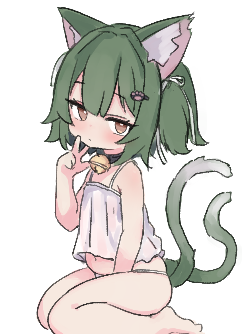 1girl animal_ear_fluff animal_ears bare_arms bare_legs bare_shoulders barefoot bell black_collar borrowed_character brown_eyes camisole cat_ears cat_girl cat_tail closed_mouth collar commentary_request commission green_hair hand_up jingle_bell looking_at_viewer multiple_tails neck_bell one_side_up original panties sa_ka_(sakanoya) seiza simple_background sitting skeb_commission solo tail two_tails underwear underwear_only w white_background white_camisole white_panties