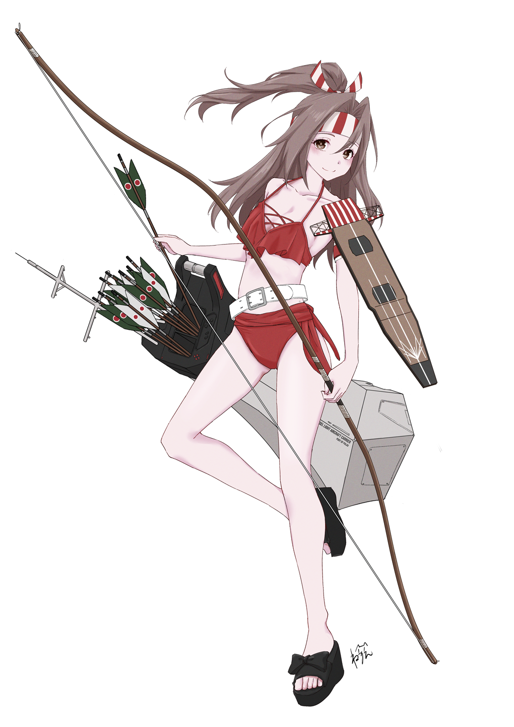 1girl arrow_(projectile) bikini bow_(weapon) breasts brown_eyes flight_deck hachimaki headband high_ponytail highres holding holding_bow_(weapon) holding_weapon kantai_collection light_brown_hair long_hair neve_(morris-minicooper) ponytail quiver red_bikini rigging sandals simple_background small_breasts smile solo striped_headband swimsuit weapon white_background yumi_(bow) zuihou_(kancolle)