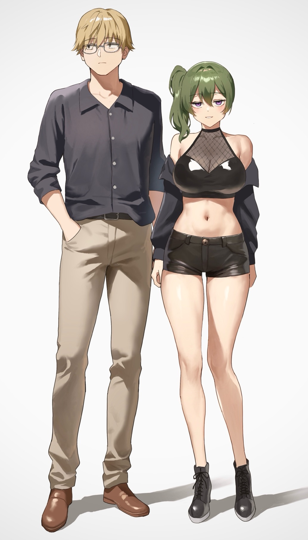 1boy 1girl anteiru bare_legs belt_buckle black_footwear black_jacket black_shirt black_shorts blonde_hair blush breasts brown_pants buckle casual cleavage contemporary crop_top fishnet_top fishnets full_body glasses green_hair grey-framed_eyewear hand_in_pocket highres jacket jacket_partially_removed land_(sousou_no_frieren) large_breasts looking_at_viewer navel pants see-through see-through_cleavage shirt short_hair short_shorts shorts side_ponytail sideways_glance simple_background sousou_no_frieren stomach ubel_(sousou_no_frieren) white_background