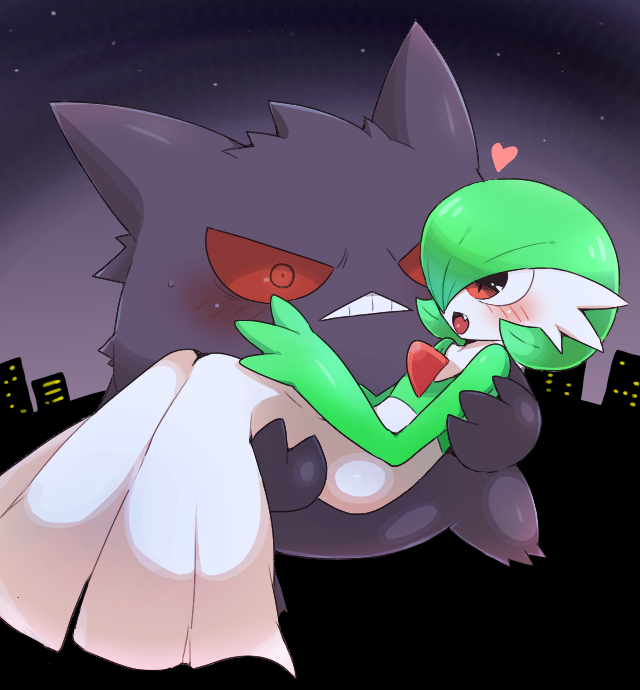 blush bob_cut carrying cityscape colored_skin dress fang gardevoir gengar green_hair heart multicolored_skin open_mouth pokemon pokemon_(creature) princess_carry red_eyes subaru331 two-tone_skin white_dress white_skin