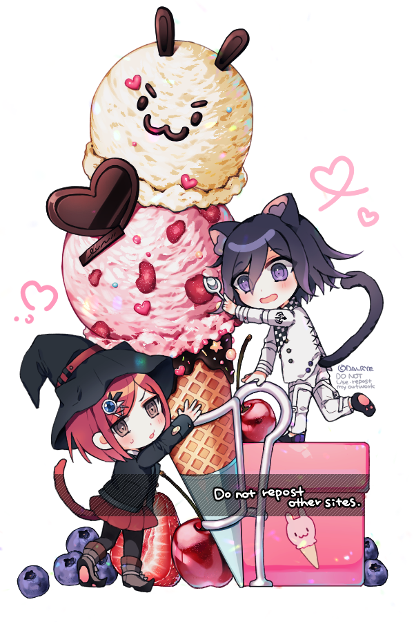 1boy 1girl animal_ear_fluff animal_ears arm_belt artist_name bad_id bad_twitter_id belt belt_buckle black_hat black_jacket black_pantyhose black_scarf black_sleeves blazer blueberry boots brown_eyes brown_footwear buckle buttons cat_ears cat_tail checkered_clothes checkered_scarf cherry chibi colored_tips commentary_request cross-laced_jacket dalrye_v3 danganronpa_(series) danganronpa_v3:_killing_harmony english_text food fruit full_body gem_hair_ornament hair_between_eyes hand_on_railing hat hat_belt heart heart_of_string holding holding_spoon hugging_object ice_cream ice_cream_cone jacket kemonomimi_mode korean_commentary light_blush long_sleeves looking_at_another looking_at_viewer miniskirt multicolored_hair multiple_belts oma_kokichi open_belt open_mouth oversized_food oversized_object pants pantyhose parted_lips paw_shoes pleated_skirt pointy_footwear purple_eyes purple_footwear purple_hair red_belt red_hair red_skirt scarf short_hair simple_background skirt smile spoon standing standing_on_box strawberry strawberry_slice sweatdrop tail thigh_belt thigh_strap two-tone_scarf v-shaped_eyebrows white_background white_belt white_jacket white_pants white_scarf white_sleeves witch_hat yumeno_himiko