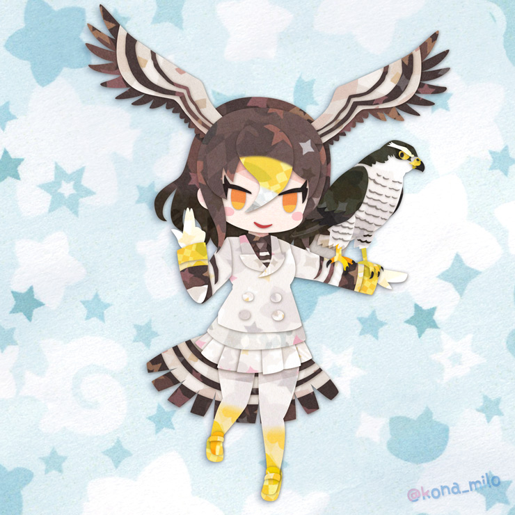 1girl animal bird bird_girl bird_tail bird_wings blue_background brown_hair feathered_wings gloves head_wings jacket japari_symbol kemono_friends kikuchi_milo looking_at_viewer necktie northern_goshawk_(kemono_friends) orange_eyes pantyhose shirt shoes short_hair simple_background skirt tail wings