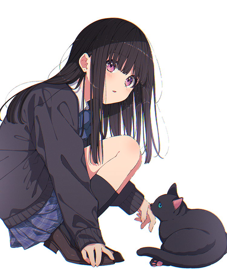 1girl animal black_cardigan black_cat black_hair blue_skirt blush bob_cut cardigan cat collared_shirt from_side loafers long_hair mamyouda original pleated_skirt purple_eyes school_uniform shirt shoes simple_background skirt solo squatting white_background white_shirt