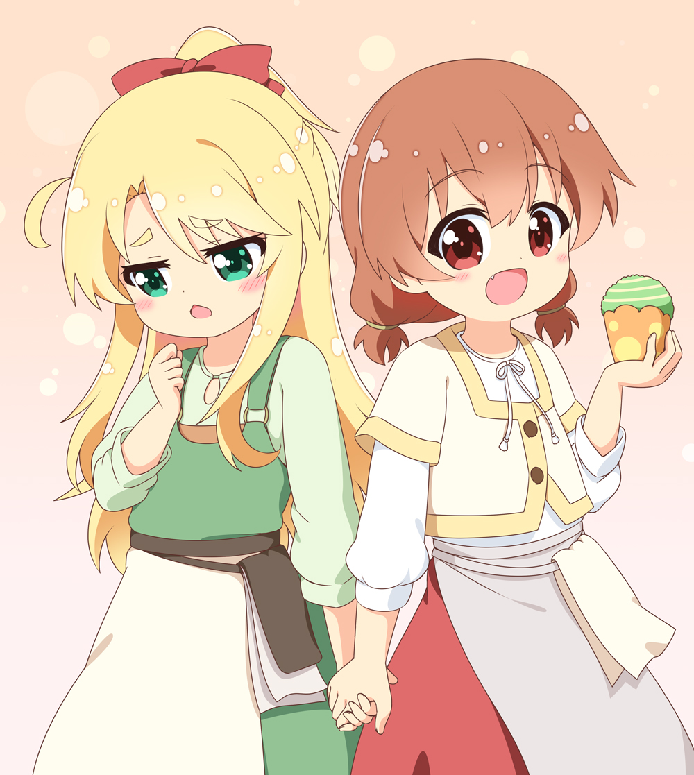 2girls apron blonde_hair blush bow child commentary_request cupcake dress fang food gradient_background green_dress green_eyes hair_bow himesaka_noa holding holding_food holding_hands hoshino_hinata long_hair long_sleeves looking_at_viewer looking_down looking_to_the_side multiple_girls open_mouth pila-pela red_bow red_eyes red_hair red_skirt shirt short_sleeves skirt watashi_ni_tenshi_ga_maiorita! white_apron white_shirt