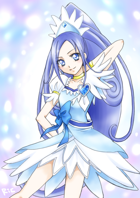 1girl arm_behind_head blue_bow blue_eyes blue_hair bow bracelet breasts brooch choker cowboy_shot cure_diamond dokidoki!_precure earrings gradient_background hair_ornament heart heart_brooch high_ponytail hishikawa_rikka jewelry long_hair looking_back magical_girl ponytail precure puffy_short_sleeves puffy_sleeves purple_background ric._(marchen_mozuku) short_sleeves signature small_breasts smile solo waist_bow wide_ponytail yellow_choker