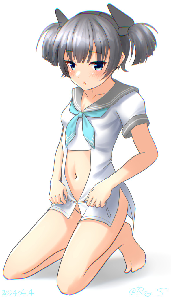 1girl aqua_neckerchief barefoot grey_eyes grey_hair grey_sailor_collar headgear i-36_(kancolle) kantai_collection kneeling looking_at_viewer navel neckerchief no_panties one-hour_drawing_challenge ray.s sailor_collar sailor_shirt shirt short_hair short_sleeves simple_background solo twintails white_background