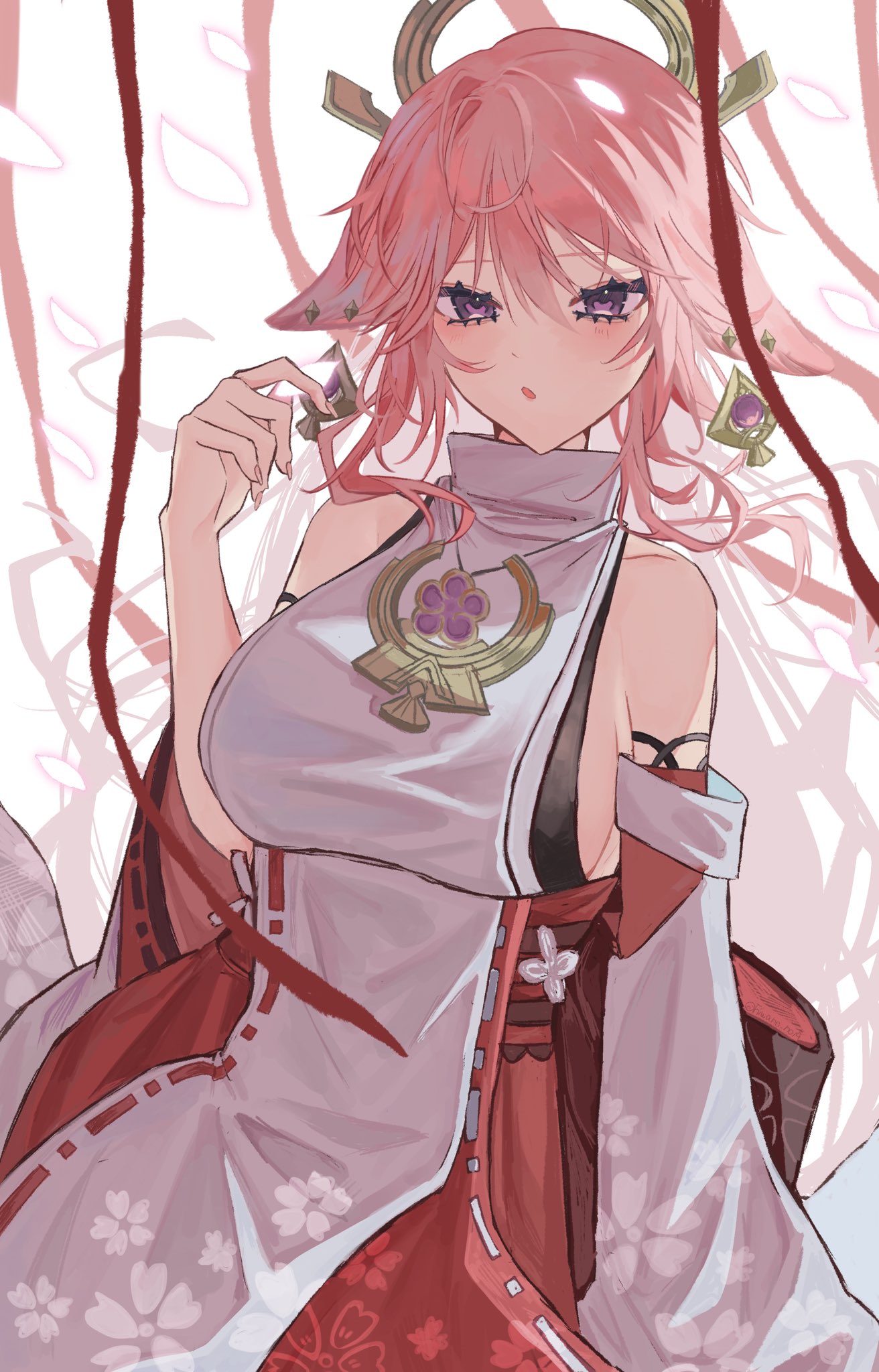 1girl animal_ear_piercing animal_ears blush breasts detached_sleeves falling_petals fingernails fox_ears genshin_impact hair_between_eyes hair_ornament hand_up highres long_fingernails long_hair niwano_no19 petals pink_hair purple_eyes red_ribbon ribbon sideboob sideless_kimono solo upper_body very_long_hair yae_miko