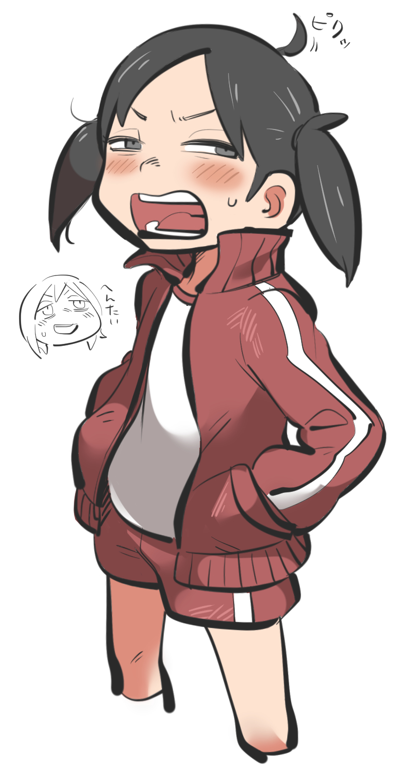 1girl ahoge black_hair blush cropped_legs doodle_inset glaring grey_eyes gym_shirt half-closed_eyes hands_in_pockets highres jacket long_sleeves looking_at_viewer nishikawa_noriko open_clothes open_jacket open_mouth partially_colored red_jacket red_shorts shirt short_shorts short_twintails shorts simple_background small_sweatdrop solo standing tirarizun track_jacket translation_request twintails urayasu_tekkin_kazoku v-shaped_eyebrows white_background white_shirt