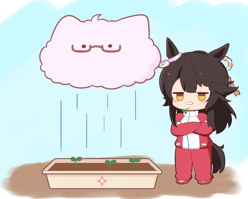 1girl animal_ears biwa_hayahide_(umamusume) black_hair blue_sky blush_stickers chibi cloud crossed_arms day glasses gomashio_(goma_feet) horse_ears horse_girl horse_tail jacket jitome long_hair mouth_hold narita_brian_(umamusume) orange_eyes outdoors pants rain red-framed_eyewear red_footwear red_jacket red_pants sapling semi-rimless_eyewear shoes sky stalk_in_mouth standing tail track_jacket track_pants track_suit umamusume under-rim_eyewear