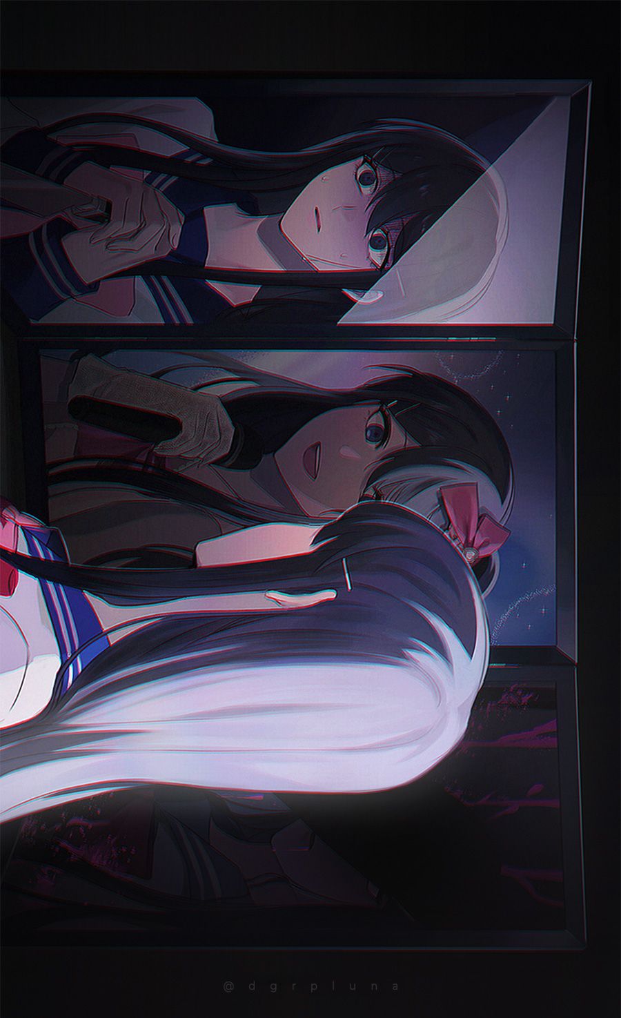 1girl bad_id bad_twitter_id black_background blood blood_drip blue_eyes blue_hair blue_sailor_collar boleum_(dgrpluna) bow bowtie choker collared_shirt crying danganronpa:_trigger_happy_havoc danganronpa_(series) dark different_reflection empty_eyes full-length_mirror gloves hair_bow hair_ornament hairclip hand_on_own_chest highres holding holding_knife idol knife long_hair long_sleeves looking_at_reflection maizono_sayaka mirror open_mouth pink_blood pink_bow pink_bowtie pink_choker pink_sleeves reflection sailor_collar sailor_shirt shaded_face shirt short_sleeves sidelocks simple_background smile solo spoilers straight_hair sweat teeth upper_body upper_teeth_only white_gloves white_shirt white_sleeves wide-eyed