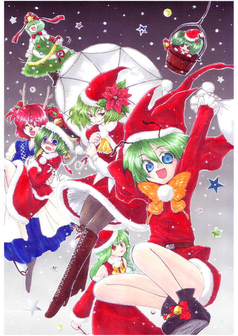 :d antlers ascot bad_id bad_pixiv_id bell blue_eyes blush boots bucket bug butterfly carrying christmas christmas_tree christmas_tree_costume color_connection cross-laced_footwear detached_sleeves flower fur_trim green_hair hair_bobbles hair_color_connection hair_flower hair_ornament hat holly in_bucket in_container insect itetaki kagiyama_hina kazami_yuuka kisume kochiya_sanae lace-up_boots multiple_girls odd_one_out onozuka_komachi open_mouth pantyhose pink_hair plaid plaid_vest poinsettia princess_carry red_eyes red_nose rod_of_remorse santa_costume santa_hat shiki_eiki smile snow star touhou umbrella vest wriggle_nightbug