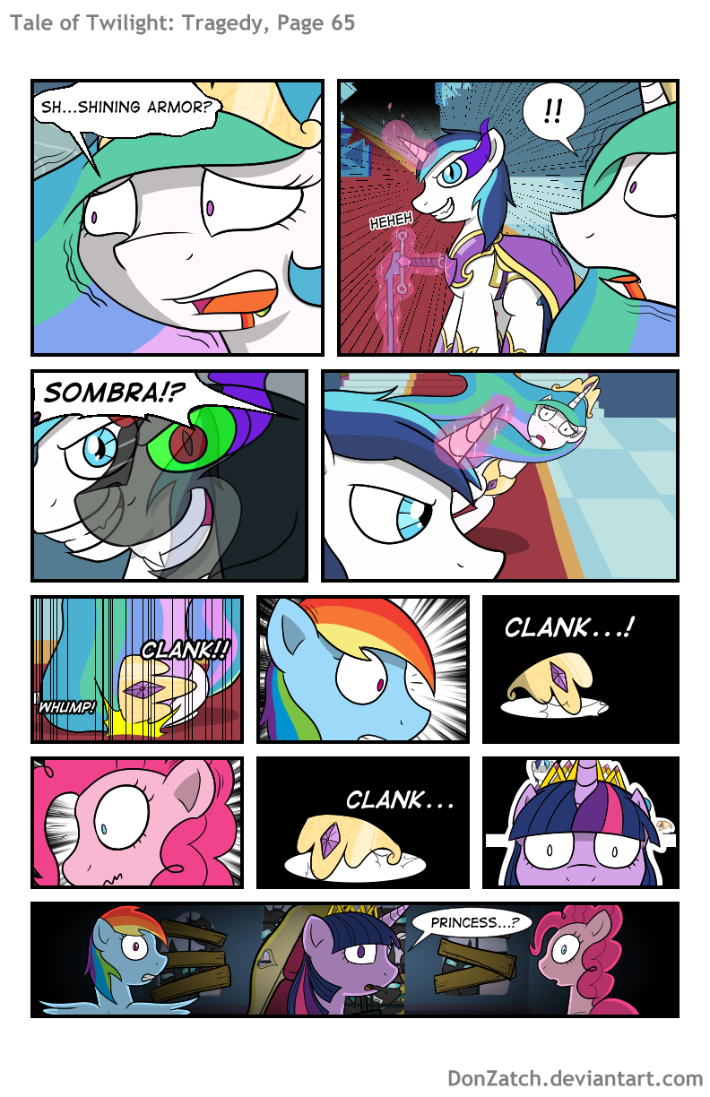 2015 blood blue_eyes blue_fur changeling comic crown donzatch drop english_text equine friendship_is_magic fur grey_fur hair horn horse king_sombra_(mlp) magic mammal melee_weapon multicolored_hair my_little_pony pegasus pink_fur pinkie_pie_(mlp) pony princess princess_celestia_(mlp) purple_eyes purple_fur purple_hair rainbow_blood rainbow_dash_(mlp) rainbow_hair red_eyes royalty shining_armor_(mlp) stairs sword text twilight_sparkle_(mlp) unicorn weapon white_fur winged_unicorn wings