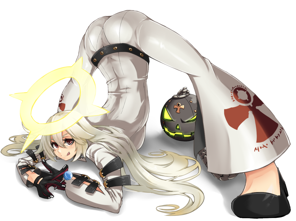 1girl :q ankh arc_system_works ass ball_and_chain ball_and_chain_restraint belt blush bodysuit breasts candy flexible gloves guilty_gear guilty_gear_xrd guilty_gear_xrd:_revelator halo jack-o_(guilty_gear) lollipop long_hair pantylines platinum_blonde red_eyes sakura_inu shadow shiny shiny_clothes simple_background skin_tight smile solo tongue tongue_out top-down_bottom-up white_background