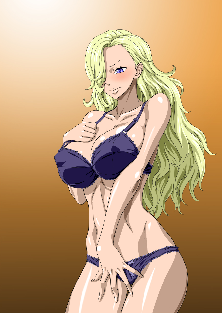 bare_shoulders blonde_hair blue_eyes blush bra breast_squeeze breasts cleavage covering domino_(one_piece) embarrassed erect_nipples female gradient gradient_background hair_over_one_eye highres large_breasts legs long_hair looking_down mound_of_venus nel-zel_formula one_piece panties shiny shiny_skin simple_background solo standing thighs underwear