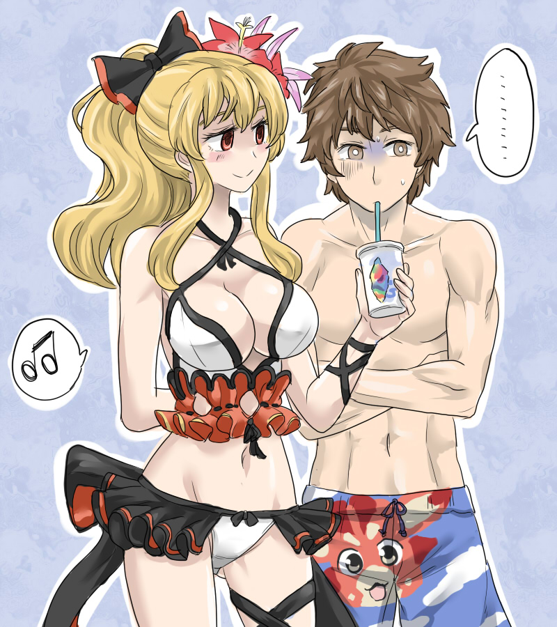 1boy 1girl arm_behind_back bangs bare_shoulders beamed_eighth_notes bikini black_bow blonde_hair blush bow breasts brown_eyes brown_hair character_print cheken cleavage collarbone crossed_arms drink drinking drinking_straw flower gran_(granblue_fantasy) granblue_fantasy groin hair_between_eyes hair_bow hair_flower hair_ornament holding large_breasts long_hair looking_at_another male_swimwear musical_note navel outline ponytail red_eyes short_hair sidelocks smile speech_bubble spoken_ellipsis spoken_musical_note sweat swim_trunks swimsuit swimwear turn_pale vee_(granblue_fantasy) vira_lilie white_bikini