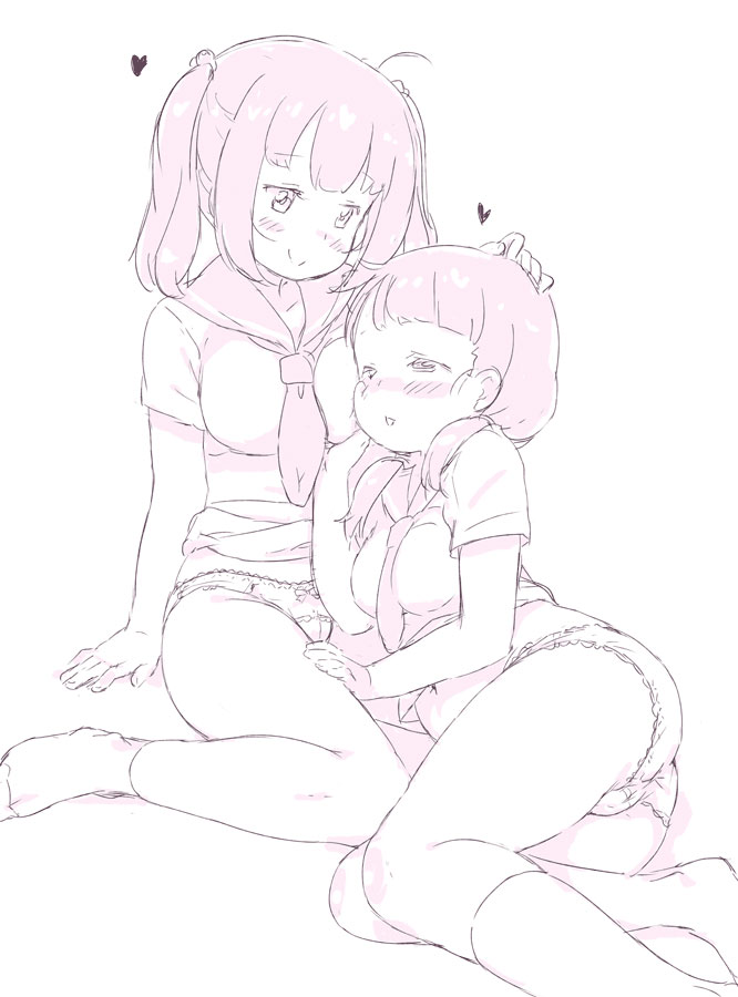 2girls ahoge bangs blush cameltoe commentary_request copyright_request half-closed_eyes heart looking_at_another low_twintails lying_on_person monochrome multiple_girls neckerchief no_pants no_shoes pale_color panties petting randou reclining school_uniform serafuku shirt short_sleeves sitting sketch socks thighhighs twintails underwear yuri