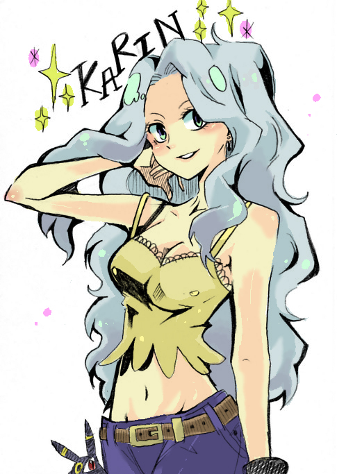 bad_id bad_pixiv_id bare_shoulders belt blue_hair breasts character_name cleavage elite_four gen_2_pokemon green_eyes grin groin karin_(pokemon) long_hair medium_breasts navel pants pokemon pokemon_(creature) pokemon_(game) pokemon_hgss seriel_alex_dubova simple_background smile solo sparkle tank_top umbreon white_background