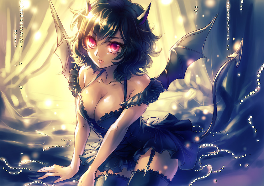 beads black_dress black_hair breasts cleavage curly_hair demon_tail demon_wings dress garter_straps horns indoors large_breasts looking_at_viewer mashuu red_eyes short_hair solo tail wings