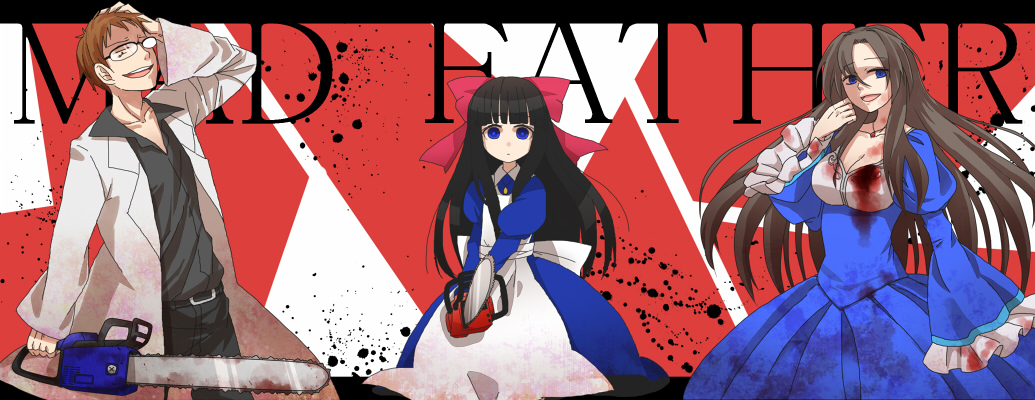2girls alfred_drevis artist_name aya_drevis bangs black_hair blood bloody_clothes bloody_weapon blue_eyes bow breasts brown_eyes brown_hair chainsaw cleavage collarbone commentary_request copyright_name dress empty_eyes family hair_bow jewelry labcoat large_bow large_breasts long_hair mad_father monika_drevis multiple_girls necklace open_mouth shadow sidelocks smile weapon