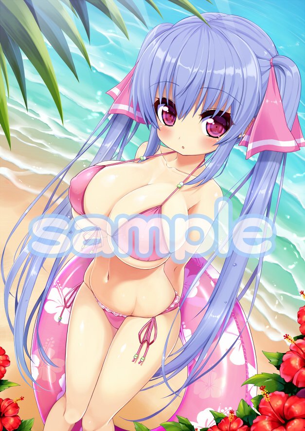 1girl beach bikini blush breasts flower huge_breasts long_hair looking_at_viewer ocean pink_eyes purple_hair riko_(shuz) sea shuz_(dodidu) side-tie_bikini strap_gap swimsuit twintails