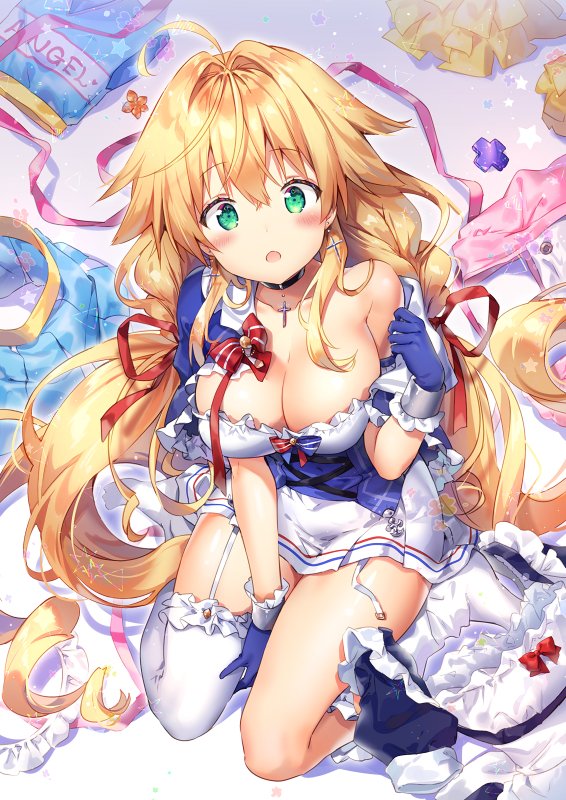 1girl ahoge apron azur_lane bangs between_legs blonde_hair blue_gloves blush braid breasts cross cross_earrings earrings eyebrows_visible_through_hair garter_straps gloves green_eyes hand_between_legs jewelry large_breasts le_temeraire_(azur_lane) long_hair looking_at_viewer low-tied_long_hair low_twintails maid_apron maid_headdress nurse off_shoulder open_mouth pom_pom_(clothes) red_ribbon ribbon riichu sidelocks single_thighhigh sitting skirt skirt_removed solo thighhighs twin_braids twintails underbust very_long_hair wariza white_legwear