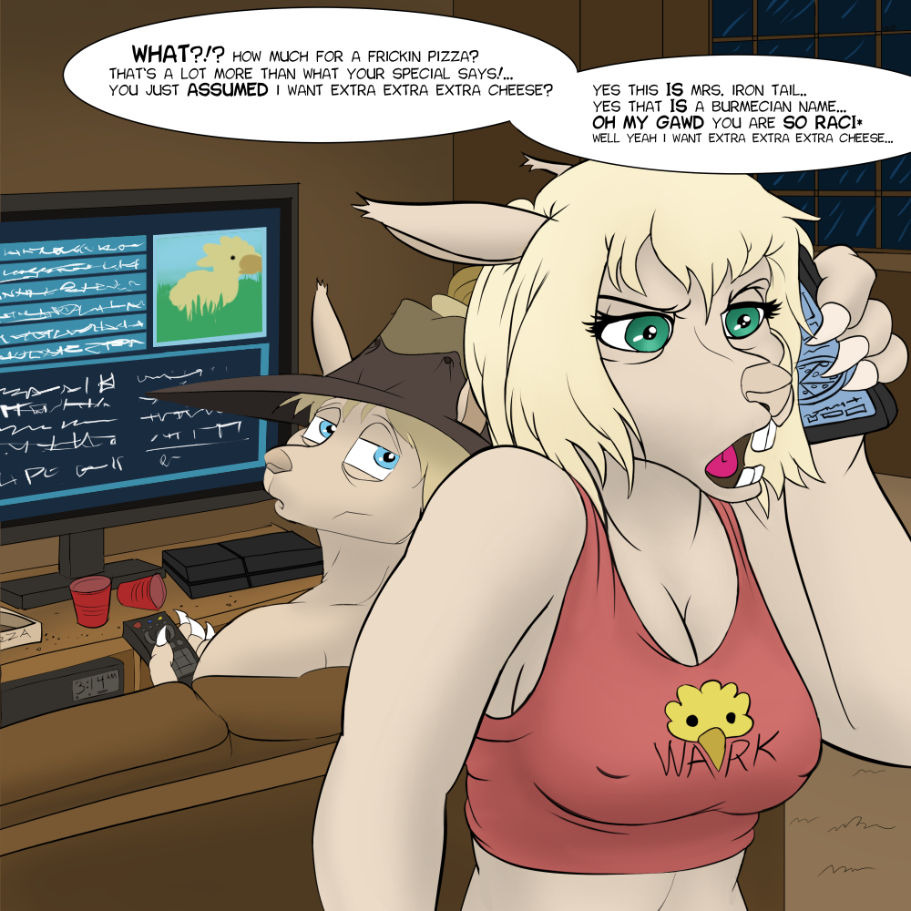 2015 angry anthro avian blue_eyes breasts brown_hair buckteeth burmecian cellphone chocobo cleavage clothed clothing crop_top cup dialogue duo english_text female final_fantasy final_fantasy_ix freya_crescent fur green_eyes grey_fur hair half-closed_eyes hat humor inside looking_back male mammal nipple_bulge open_mouth phone playstation_4 pointy_ears rat rodent sir_fratley sitting sofa speech_bubble teeth television text tongue video_games zoomerboomerz