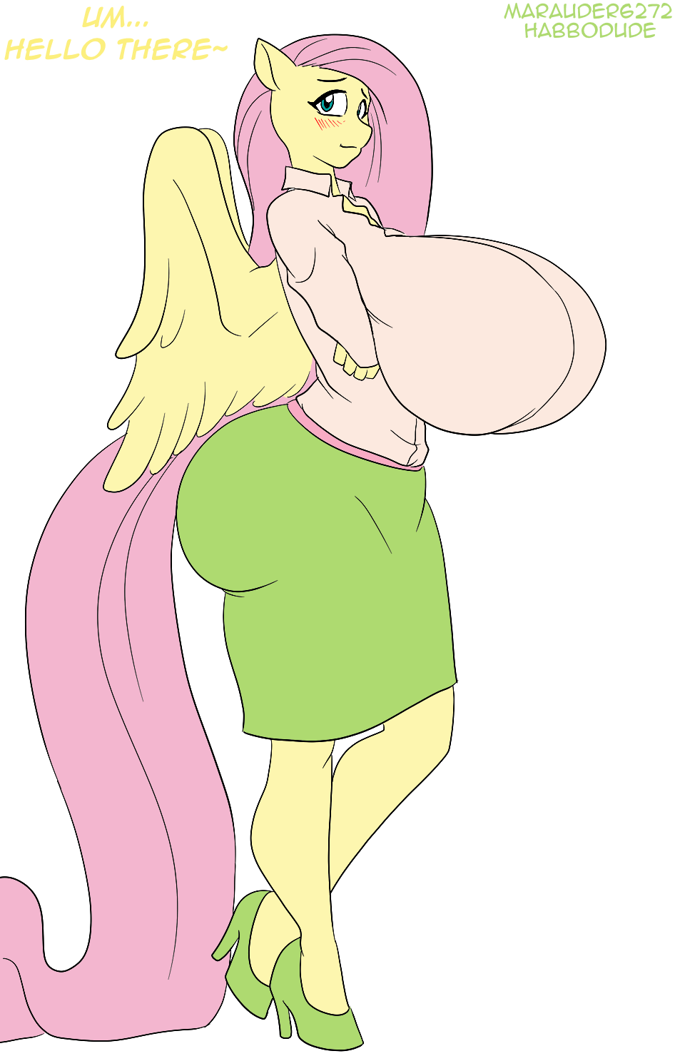 2015 anthro big_breasts blush breasts clothed clothing equine female fluttershy_(mlp) friendship_is_magic fur furry_tail habbodude hair happy huge_breasts long_hair looking_at_viewer mammal marauder6272 my_little_pony pegasus pink_hair shy solo wide_hips wings yellow_fur