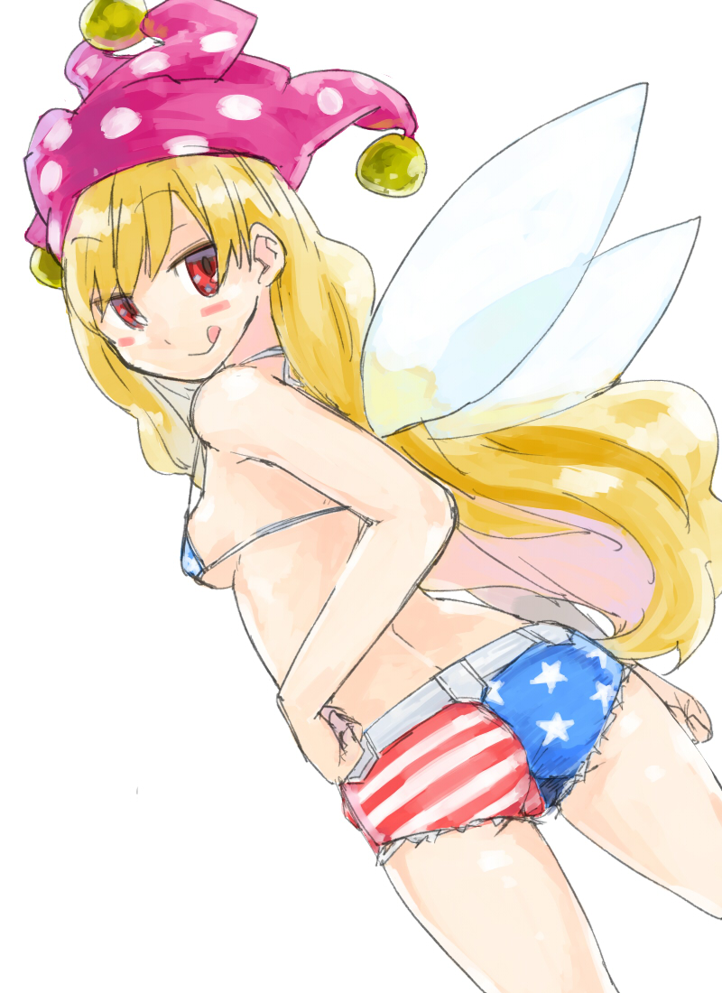 american_flag_bikini ass bikini blonde_hair breasts clownpiece fairy_wings flag_print hat jester_cap licking_lips long_hair looking_at_viewer looking_back micro_bikini red_eyes sape_(saperon_black) short_shorts shorts sideboob small_breasts smile solo swimsuit tongue tongue_out touhou very_long_hair wings