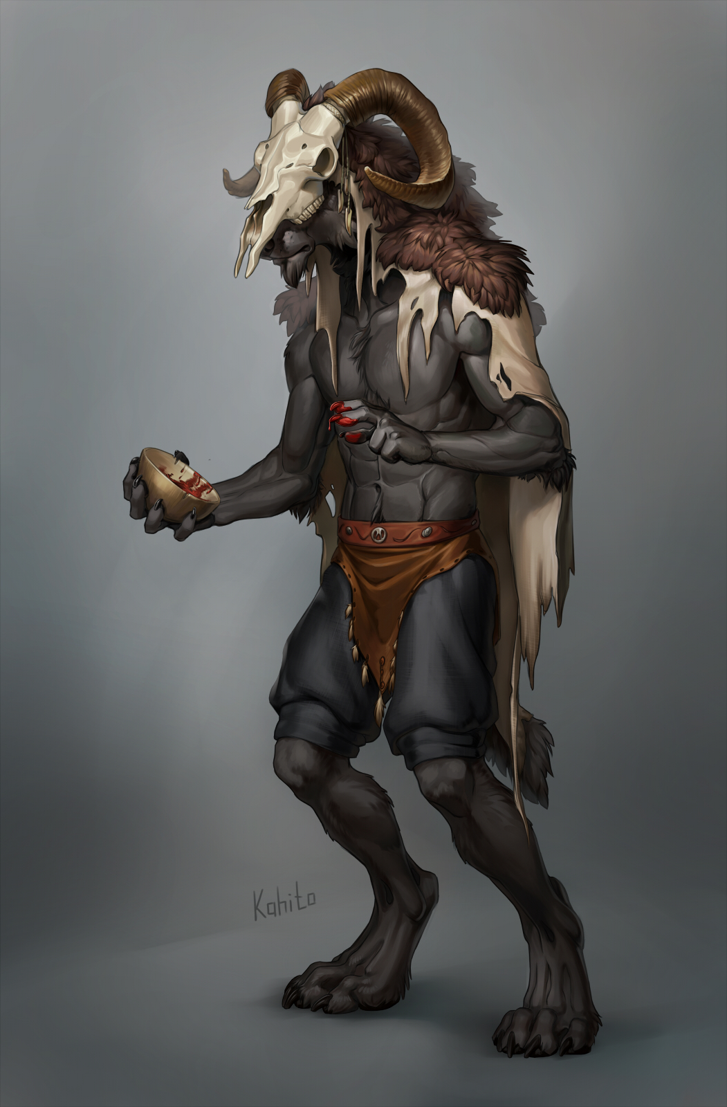 animal_skin anthro barefoot black_fur bread canine claws clothed clothing digitigrade food fur kahito_slydeft_(artist) magic_user male mammal muscular muscular_male paint shaman skull_mask solo standing toe_claws topless tribal_spellcaster wolf