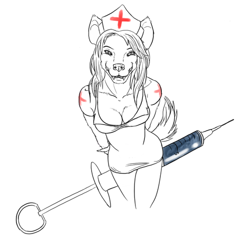 anthro breasts cleavage clothed clothing female gnoll grin looking_at_viewer nurse nurse_verity simple_background solo standing syringe uniform unknown_artist white_background