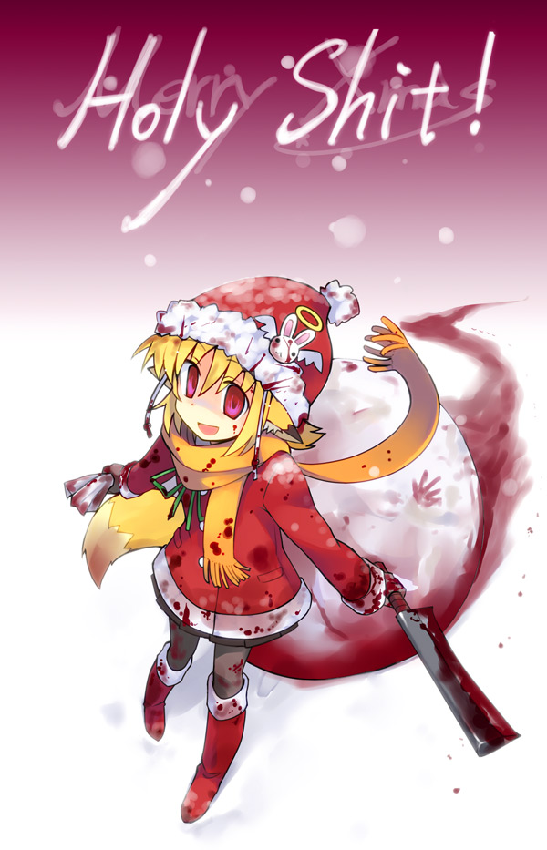 :d animal_ears apricot_(yamai) billhook blonde_hair blood blood_on_face blood_splatter bloody_clothes boots brown_gloves bunny christmas crazy empty_eyes english fox_ears fur_boots fur_trim gloves halo hat hatchet knee_boots open_mouth orange_scarf original pantyhose profanity red_eyes red_footwear santa_boots santa_costume santa_hat scarf shaded_face short_hair smile snow socks solo text_focus wings yamai yandere