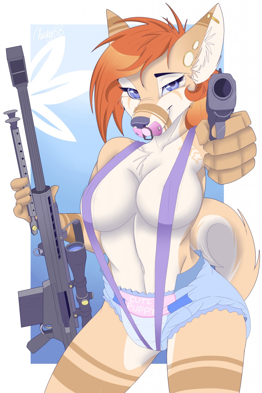 anthro big_breasts biped breasts canine character_request chest_tuft diaper dog eyebrows eyelashes facial_markings female fur gun hair handgun hi_res holding_object holding_weapon looking_at_viewer mammal markings mistydash pacifier pistol ranged_weapon rifle solo tuft weapon