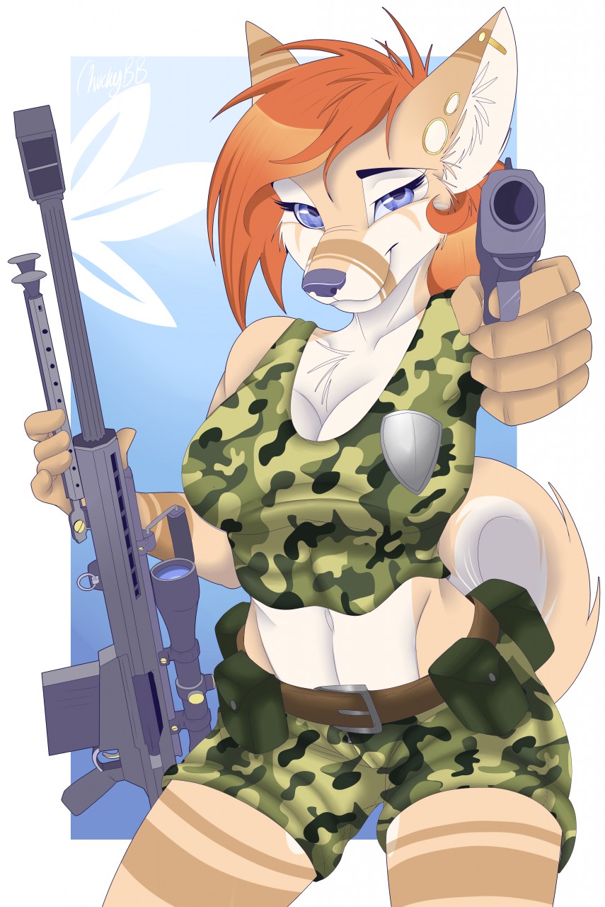 anthro belt big_breasts biped breasts canine character_request chest_tuft clothed clothing dog eyebrows eyelashes facial_markings female fully_clothed fur gun hair handgun hi_res holding_object holding_weapon looking_at_viewer mammal markings mistydash pistol ranged_weapon rifle solo tuft weapon