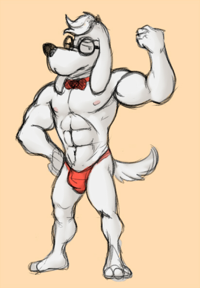 abs anthro beagle bow_tie bulge canine clothed clothing dog eyewear flexing glasses half-dressed male mammal mr._peabody muscular simple_background speedo swimsuit topless wkd
