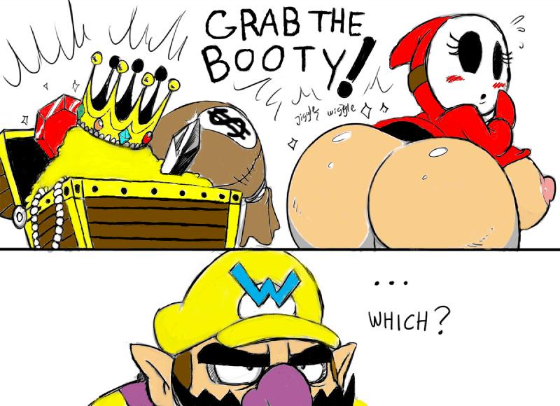 ... areola big_breasts big_butt blush bottomless breasts butt clothed clothing coin crown crystal daredemon7000 duo english_text erect_nipples facial_hair female gem half-dressed hat huge_breasts huge_butt humanoid looking_at_viewer looking_back male mario_bros monochrome mustache nintendo nipples presenting presenting_hindquarters shygirl shyguy text treasure video_games wario