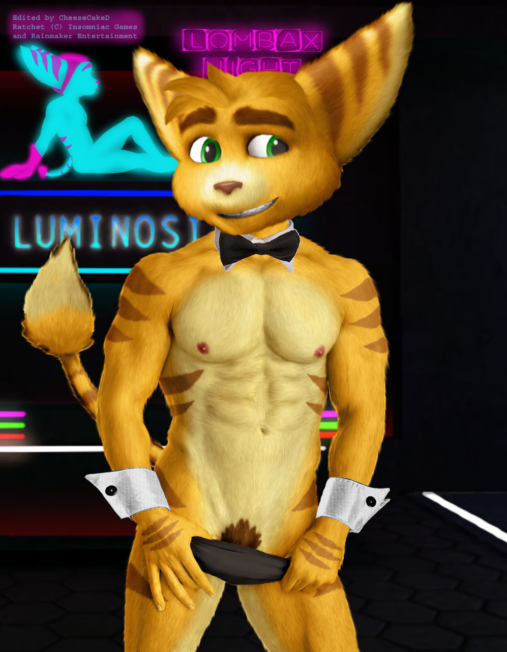 anthro bow_tie cheesecaked clothing edit fur lombax male neon_lights photo_manipulation photomorph ratchet ratchet_and_clank shy solo speedo standing swimsuit teasing video_games