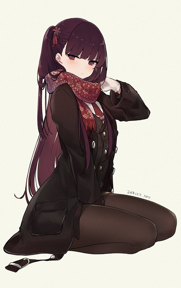 1girl bangs between_legs black_footwear blush braid breasts brown_background brown_coat brown_jacket closed_mouth coat collared_shirt eyebrows_visible_through_hair french_braid girls_frontline gloves hair_ornament hair_ribbon hand_between_legs hand_up jacket large_breasts long_hair long_sleeves looking_at_viewer mimelond one_side_up open_clothes open_coat pantyhose purple_hair red_eyes red_ribbon red_scarf ribbon scarf seiza shirt sidelocks simple_background sitting snowflake_hair_ornament snowflake_print solo tsundere tsurime very_long_hair wa2000_(girls_frontline) white_gloves white_shirt