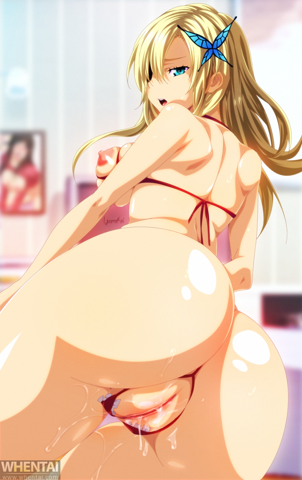 1girl ass big_ass bikini blonde_hair blue_eyes boku_wa_tomodachi_ga_sukunai breastless_clothes breasts butterfly butterfly_hair_ornament crotchless_panties g-string huge_ass kashiwazaki_sena large_breasts long_hair looking_at_viewer looking_back nipples open_mouth pussy pussy_juice solo swimsuit teeth thigh_gap thighs tongue uncensored yuumekoi