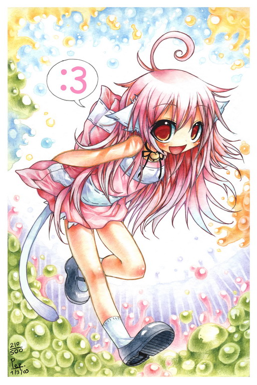 :3 ahoge animal_ears bell cat_ears cat_tail copyright_request emperpep jingle_bell long_hair pink_hair red_eyes solo tail traditional_media watercolor_(medium)