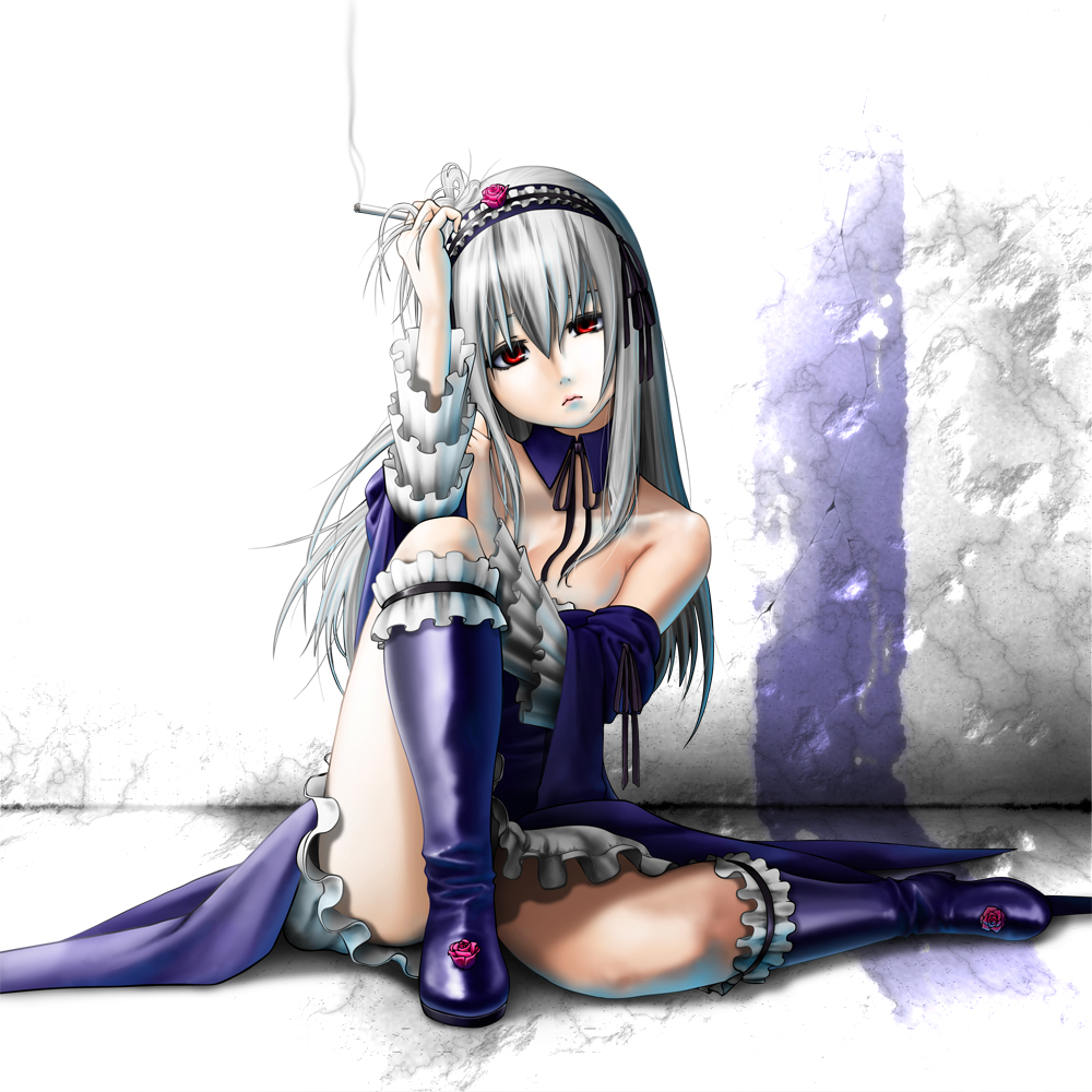 bare_shoulders boots cigarette detached_collar frills gothic_lolita hairband hand_in_hair lolita_fashion long_hair looking_at_viewer md5_mismatch nobuya red_eyes rozen_maiden silver_hair sitting smoking solo suigintou