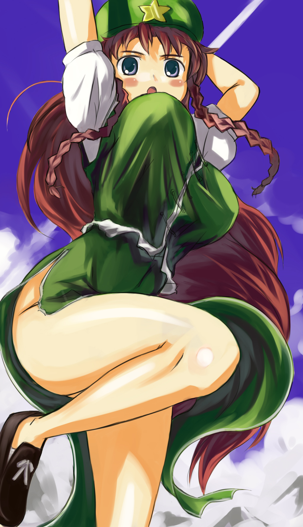 blue_eyes bouncing_breasts braid breasts china_dress chinese_clothes dress gigokku hat highres hong_meiling large_breasts long_hair no_panties red_hair solo touhou twin_braids