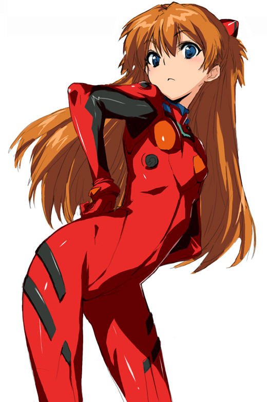 arched_back bangs blue_eyes blush bodysuit bracer breasts closed_mouth cowboy_shot eyebrows_visible_through_hair from_side frown gloves hair_between_eyes hands_on_hips headgear jpeg_artifacts kawata_hisashi latex leaning_forward long_hair looking_at_viewer neon_genesis_evangelion orange_hair parted_bangs pilot_suit plugsuit red_bodysuit shikinami_asuka_langley shiny shiny_clothes simple_background skin_tight skinny small_breasts solo souryuu_asuka_langley turtleneck two_side_up white_background