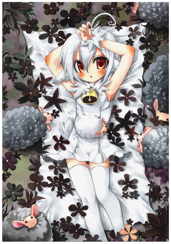 ahoge animal_ears armpits bell blush brown_eyes copyright_request emperpep flower monster_girl sheep sheep_ears sheep_girl silver_hair solo tail thighhighs traditional_media watercolor_(medium)