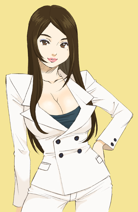 blazer breasts brown_eyes brown_hair buttons cleavage copyright_request eyeshadow formal hand_on_hip jacket large_breasts lips lipstick long_hair makeup mole pant_suit pants pink_lipstick pouty_lips solo suit yuzuka_(artist)